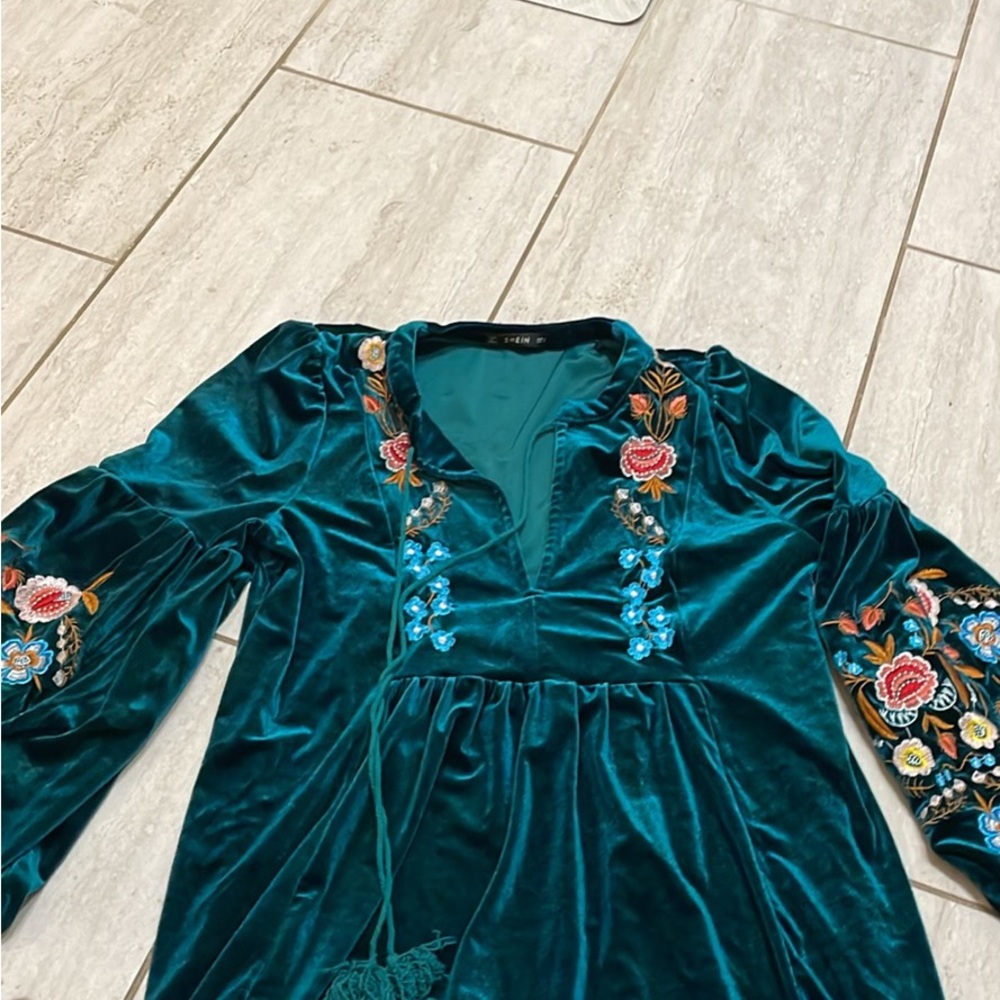SHEIN Teal Embroidered Mini Dress